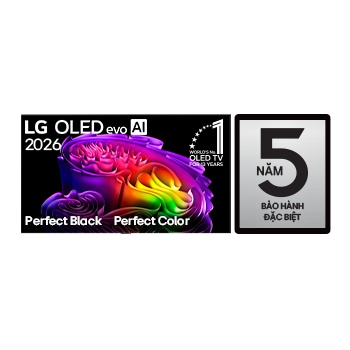 The front view of the LG OLED evo AI G6, released in 2026, displays an image of layered, multicolored forms, featuring Hyper Radiant Color Tech, Perfect Black & Perfect Color, along with the World’s No.1 OLED TV for 13 Years badge.